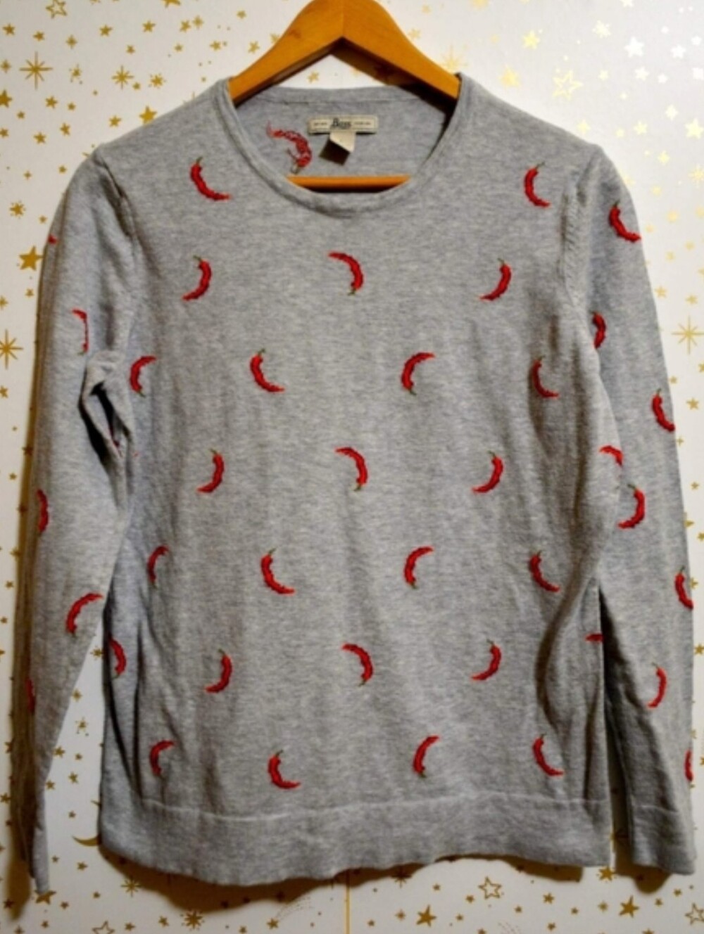 Bass Gray Red Chile Pepper Patterned Sweater Size Large